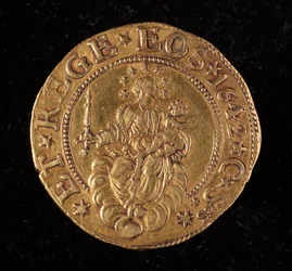 Valutaen til republikken gener: fem gull dobbel mynt. Diameter 41 mm. 1642. tilbake. Genmuseer i Strada Nuova