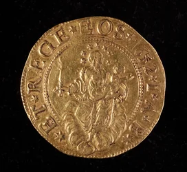 Valutaen til republikken gener: fem gull dobbel mynt. Diameter 41 mm. 1652. Tilbake. Genmuseer i Strada Nuova