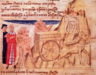 Dante og Virgil og vognen og oksene som trekker arken (sang X fra Purgatory, i den guddommelige komedie) - miniatyr