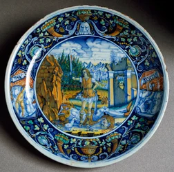Davids triumf over Goliat. Keramikktallerken produsert i Faenza, Italia. Omkring 1507, Firenze, Museo Nazionale del Bargello