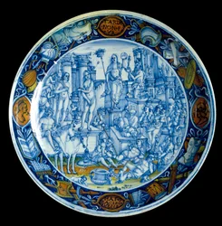 Dekorert fat som fremstiller allegorien over Selene, månegudinnen i gresk mytologi. Fra Faenza, omkring 150. Firenze, Museo Nazionale del Bargello