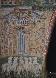 Detalj fra scener fra Kristi første komme og Jesu barndom, mosaikk av triumfbuen i basilikaen Santa Maria Maggiore, Roma, Italia, 5. århundre