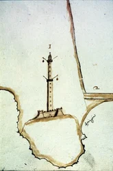 Detalj av et håndskrevet topografisk kart fra 1600-tallet som viser posisjonen til Genova-lykten.
