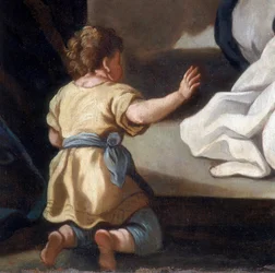 Detalj av maleriet som viser rosenkransens Madonna med de hellige Dominik og Katarina av Siena