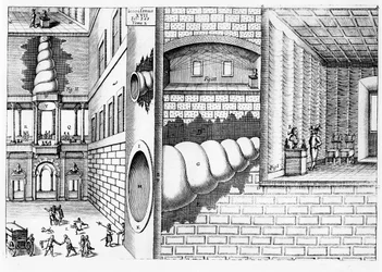 Enhet for å lytte til samtale på en piazza, illustrasjon fra Musurgia Universalis av Athanasius Kircher (1601-80) publisert i Roma, 1650