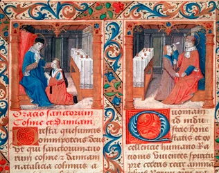 Lege som opererer en pasients kranium (trepanasjon av kraniet). Fremstilling av de hellige Kosmas (Come eller Cosimo) og Damian, leger. Miniatyr fra manuskriptet «Statuto della Confraternita dei Santi Cosma e Damiano». Italiensk gotisk kunst fra