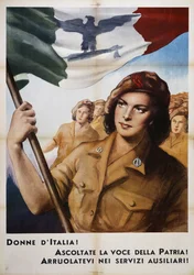Italias kvinner, lytt til fedrelandets stemme! Verv dere til hjelpetjeneste! (Propagandaplakat, Italia, 1900-tallet)
