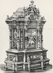 Ibenholt skap med innlegg av møbelsnekker Alessandro Monteneri fra Perugia (aktivt 1800- og 1900-tall), illustrasjon fra italiensk utstilling i 1881 i Milano, Italia