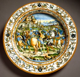 Episode fra Julius Cæsars liv. Keramikktallerken produsert i Urbino i Fontana-verkstedet, Italia. Omkring 1550, Firenze, Museo Nazionale del Bargello