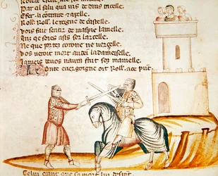 Kamp mellom en ridende soldat og en soldat til fots, fra Codex Entree dEspagne