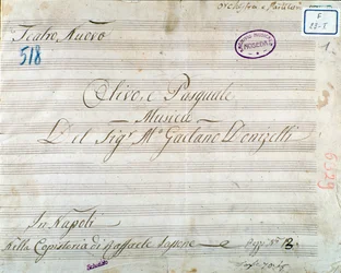 Første side med partitur fra operaen "Olivo e Pasquale", av Gaetano Donizetti (blekk på papir)