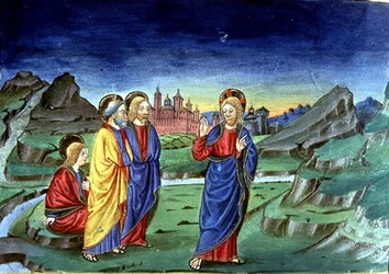 Fol.103v Etter forvandlingen ber Kristus apostlene om ikke å avsløre dette faktum før etter oppstandelsen (vellum) (se 142186)