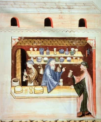 Fol.53v Tilberedning og salg av timian, illustrasjon fra Tacuinum Santiatis Codex Vindobonensis