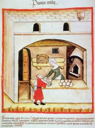 Fol.64v Tilberedning av hirsebrød, illustrasjon fra Tacuinum Santiatis Codex Vindobonensis