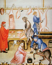 Fol.74v The Butchers: Pig Meat, illustrasjon fra Tacuinum Santiatis Codex Vindobonensis