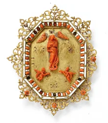 Ramme som viser Virgin Immaculate, Trapani, midten av 1600-tallet (forgylt kobber, emalje og koraller)