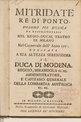 Frontispice fra en tidlig kopi av Mitridate, re di Ponte, en opera av Wolfgang Amadeus Mozart, 1770