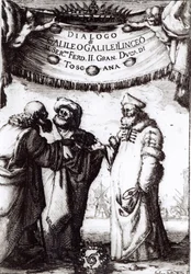 Frontispice to Dialogue on the to greatest systems of the world av Galileo, utgitt i 1632