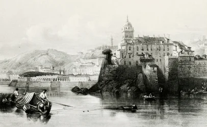 Genova marinavegg med Villa Doria Pamphili i bakgrunnen, gravering, ca 1850, Italia