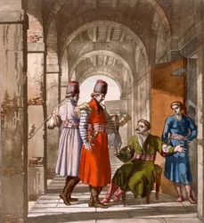 Georgiske menn som prater og røyker i en arkade, ca. 1820-30-årene