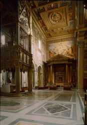 Gotisk kunst: utsikt over det pavelige alteret over Tabernaklet laget av Giovanni di Stefano rundt 1367 pryder tolv paneler dekorert med fresker av Barna da Siena (1300-tallet). 1367-1368. Basilica of St. John of Laterano (San Giovanni in Laterano)
