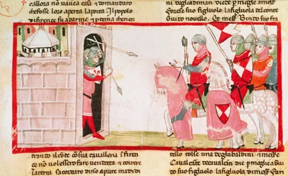 Guelfs blokkerer Ghibellines fra å komme inn i byen igjen, miniatyr fra Cronica (Chronicles) av Giovanni Villani, manuskript, Italia 14. århundre.