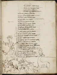 Harley 2453, f.55 En jaktscene med en villsvin, en hjort, jegere, hunder og en hare, fra 'Tragodiae', av Lucius Annaeus Seneca