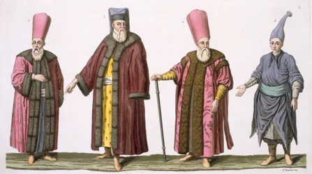 Haremets overhoffmester, kapteinen for haremets hoffmestere, en haremhoffmester og en pasje, plansje 3 fra Del III, Bind I av Nasjonenes historie, gravert av V. Raineri