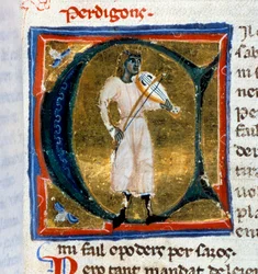 Historikerbrev (bokstav A). Perdigon-trubaduren spiller den gamle mannen. Minatur hentet fra manuskriptet "" Chansonnier provencal"" (Folio 36), skrevet av Perdigon og kopiert av Atelier of Venice-Padua