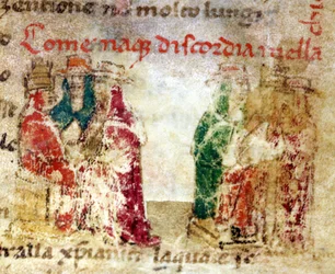 Hvordan spliden oppsto i Romerkirken: skismaet mellom 1378 og 1417. Manuskript fra 1300-tallet i «Croniche del Sercambi». Statsarkivet, Lucca.