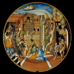 Iliaden av Homere: fajansefat som representerer Trojas ild. realisert i Faenza. 1525-1530. Paris, Louvre-museet