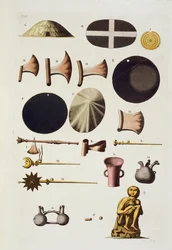 Inkaverktøy og gjenstander, Peru, fra Le Costume Ancien et Moderne, bind II, plate 22, av Jules Ferrario, utgitt ca. 1820-30-tallet