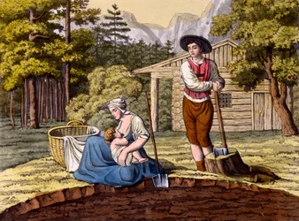 Innbyggere i de østerrikske alper som bygger et hus, fra Costumi dei Romani, Svizzeri.. ca. 1800-18