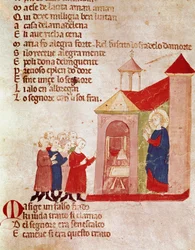 Jesus chez Marie Madeleine Miniature fra "" Del novo e del vedre testamento "" av Pietro da Barsegape (1200-tallet) 1300-tallet Milano, Biblioteca Braidense