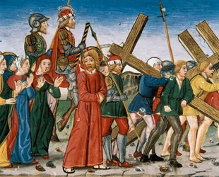 Jesus leder til Golgata og de hellige kvinner på veien. Manuskript av Cristobal de Predis (1440-1486)