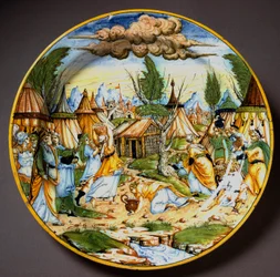 Jøder i ørkenen (eller innsamlingen av manna). Gud gir israelittene, som ellers ville sulte, vaktelegg og manna (Manna). Keramikktallerken fra Fontana-verkstedet i Urbino, Italia. Omkring 1560. Museo Nazionale del Bargello, Firenze