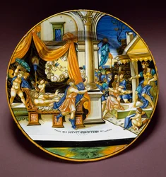 Josef og Potifars hustru. Josef flykter fra Potifars hustru, som forsøker å forføre ham. Keramikktallerken laget i Urbino, Italia. Omkring 1537. Museo Nazionale del Bargello, Firenze