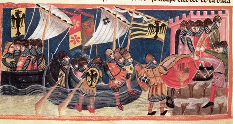 Julius Caesar (100-44 f.Kr.) lander i England, fra Le Vite di Dodici Cesari av Gaius Suetonius Tranquillus (ca.75-150)