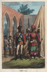 Les sepoys (cipaye, cipahi, cepoy, sipahi), hær sammensatt av indianere til tjeneste for East India Company - indisk sepoy (soldat) - gravering fra "Skikker og skikker til alle folkeslag i universet. Det er historien til regjeringen, lovene, militsen, d