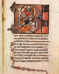Lettrine B dekorert av representasjonen av kong David som spiller pslaterion og som dekker Goliath Page fra manuskriptet "" Psalterium Cum Calendario"" Padua fra 1200-tallet, seminarets bibliotheque