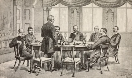London-konferanse om Egypt, Storbritannia: Grev Munster, Musurus Pasha, Granville (stående), grev Nigra, Waddington, De Staal, Childers, grev Karolyi, gravering fra tegning av Edoardo Ximenes, fra L
