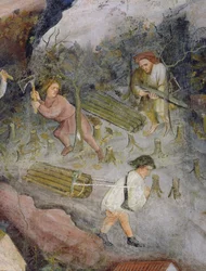 Tømmerhoggere på jobb. Felling av trær i skogen (fresco)