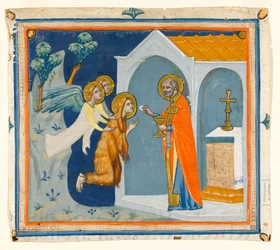 MS McClean folio 201.4 r St. Mary Magdalene, i villmarken rundt Aix, blir båret av engler til St. Maximin, som administrerer hennes siste nattverd, ca. 1330