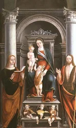 Madonna og barn mottar en rose fra spedbarnet St. Johannes døperen, med helgener og engler av M.B. (monogram)