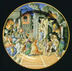 Maiolica-plate som viser brenningen av Troja med Aeneas som bærer faren Anchises på ryggen med sønnen Ascanius ved sin side, italiensk