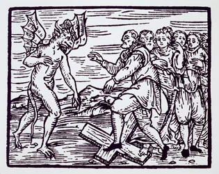 Mannlig heks som forsaker Kristus, kopi av en illustrasjon fra Compendium Maleticarum av Fr M Guaccius, Milano 1608, brukt i History of Magic, utgitt sent på 1800-tallet