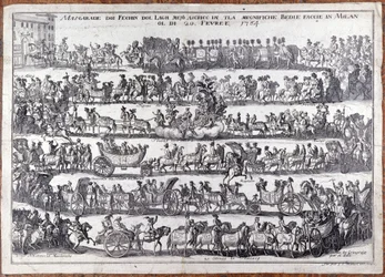 Maskerade: prosesjon og dans av mennesker masker i anledning karneval. Milano 20/02/1764 Gravering fra 1700-tallet