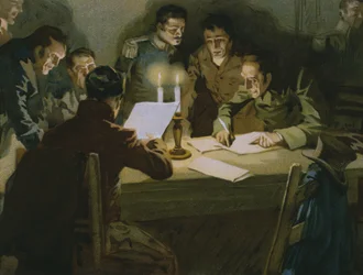 Møte med de første partisanene som gjorde motstand mot okkupantene, fødselen av Carbonari, illustrasjon fra et album om historien til Risorgimento laget for sjokoladen Talmone, sent på 1800-tallet (chromolitho