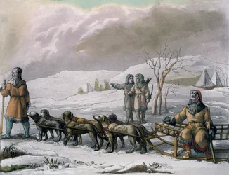 Menn fra Kamchatska, med en hundeslede, fra Costumi dei... av Giulio Ferrario, ca. 1820-30-tallet