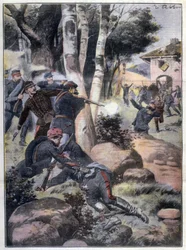 Den meksikanske revolusjonen: kamper mellom hæren og opprørerne Illustrasjon av Abbo i «L#39;illustrazione del popolo» 1913 Privatsamling